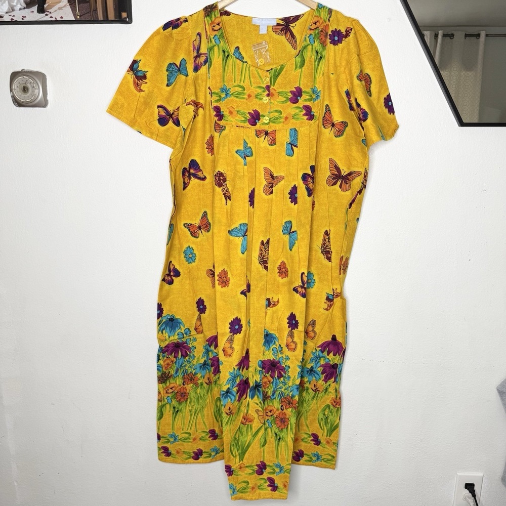 New Only Necessities Yellow Butterfly Print Lounger Dress Cotton Womens Large